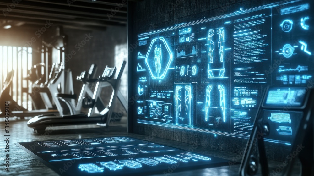 Poster Gym with large holographic interface displaying body analysis.