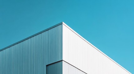 Factory industry, Architecture Building with Aluminium Facade on Blue Sky Background, Backdrop Wall Metal Corrugated Steel Surface Pattern, Warehouse Construction in Geometric Modern Design