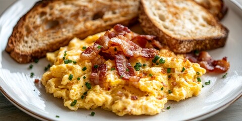Delicious scrambled eggs served with crispy bacon and toasted bread on a white plate, perfect for a hearty breakfast featuring savory scrambled eggs, bacon, and toasts for a satisfying meal.