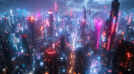 Futuristic Cityscape Illuminated By Neon Lights At Night