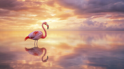 Fototapeta premium stunning pink flamingo stands gracefully in serene lake at sunset, reflecting beautifully