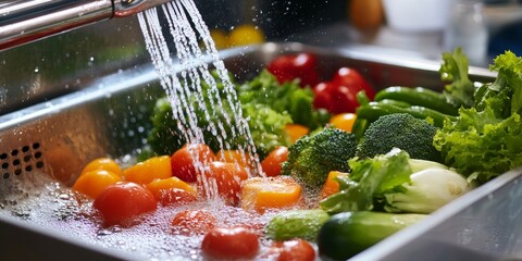 Thoroughly wash the vegetables in the kitchen to ensure they are clean and ready for preparation. Properly wash the vegetables to maintain freshness and enhance the cooking experience.
