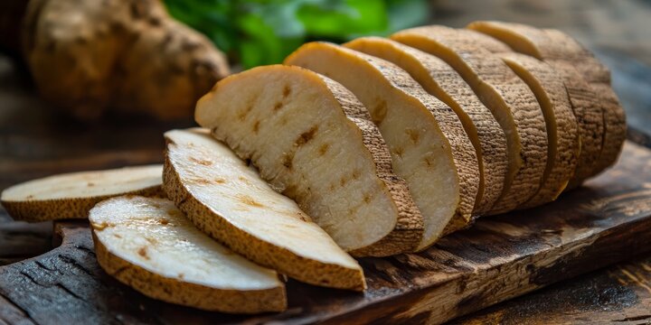 Sliced elephant foot yam, also known as suran, ready for various cooking preparations, showcasing the unique texture and versatility of elephant foot yam in culinary dishes.