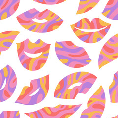 Vector abstract Valentine Day seamless pattern with colorful groovy lips shapes isolated on white background. Modern funky design template for card print, poster, decoration