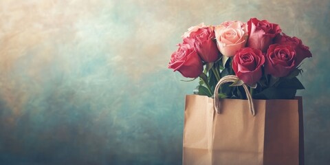 Elegant roses in a paper bag against a soft backdrop. This scene features beautiful roses, providing free space for text. Ideal for designs and logos, perfect for Mother s Day and Valentine s Day