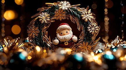 Obraz premium Festive Santa Claus Figurine in a Glittering Christmas Wreath