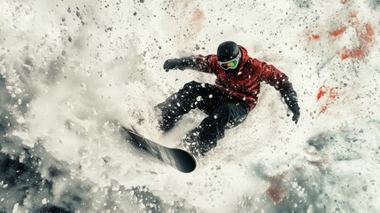 Snowboarder performs a thrilling trick in deep powder at a mountain resort on a sunny winter day