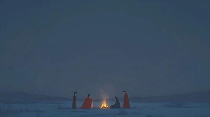 Three Figures Around a Campfire at Dusk