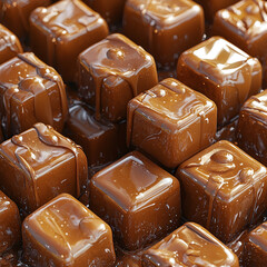 Caramel cubes are covered with caramel on top, highlighted on a transparent or white background