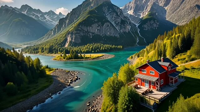 a house by the river and a beautiful mountain backdrop