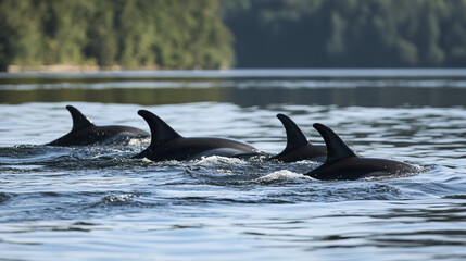Fototapeta premium Dolphins swimming gracefully in calm water, showcasing their fins