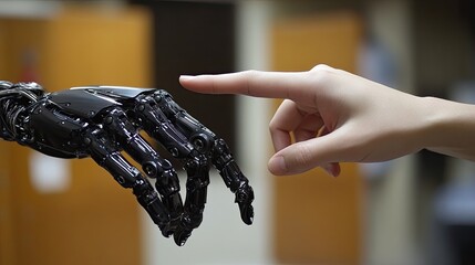 Robot hand and human finger making contact, symbolizing AI and collaboration, illustrating the merging of human ingenuity and artificial intelligence for technological advancement.