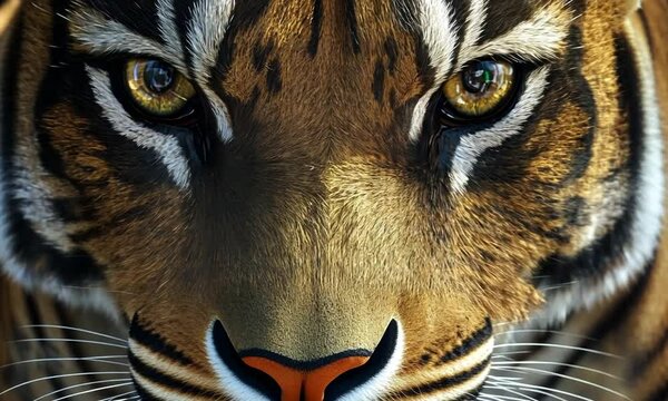 Close-up of a tiger's intense eyes and striped fur.