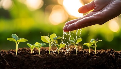 Hand waters young seedlings, nurturing new growth, with blurred background.