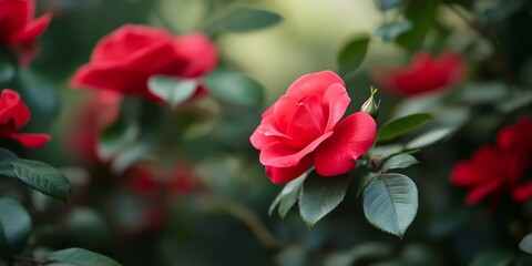 Vibrant red tropical rose blossoms in winter, showcasing stunning red rose petals against a lush green backdrop, highlighting the beauty of the red rose in full bloom.