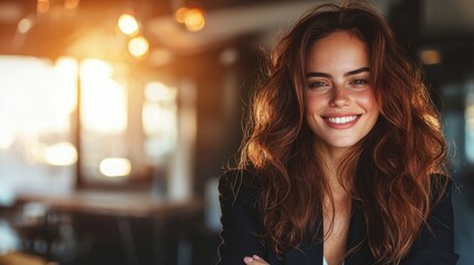 Happy young woman smiling in cafe.