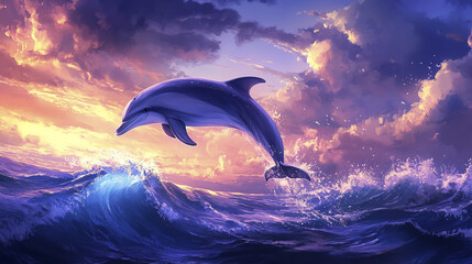 dolphin leaps gracefully above ocean waves at sunset, showcasing beauty