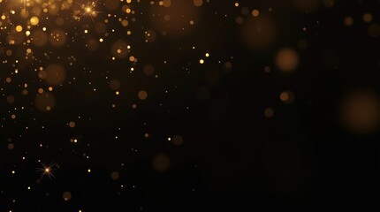 Golden bokeh lights on a black background. Abstract shimmering particles in a dark atmosphere. Copy space