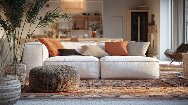 Low perspective still life showcasing a stylish living room with a cozy white sofa adorned with cushions, complemented by high quality carpets, creating a relaxing and aspirational interior lifestyle.