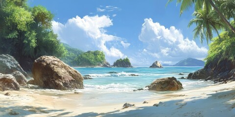 Obraz premium Rocks adorn a stunning tropical beach, creating a picturesque scene. The tropical beach features unique rocks that enhance the natural beauty of the coastal landscape. Enjoy the tranquility of the