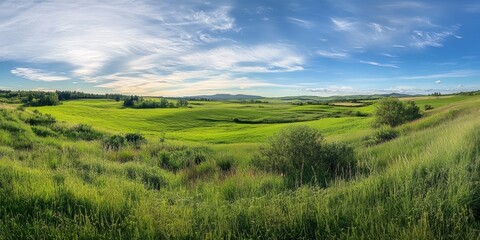 Obraz premium A panoramic view of a lush green field showcases the vibrant greenery and natural beauty of the landscape, highlighting the serenity found in this picturesque green field setting.