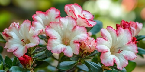 Stunning white and pink Adenium flowers bloom beautifully in a vibrant garden. The Adenium flowers add charm and color, creating a picturesque scene in any garden setting.