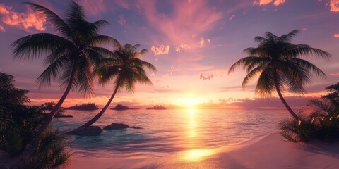 Tropical beach at sunset featuring palm trees. The scene showcases a beautiful sunset over the ocean with lush palm trees creating a serene, tropical atmosphere.