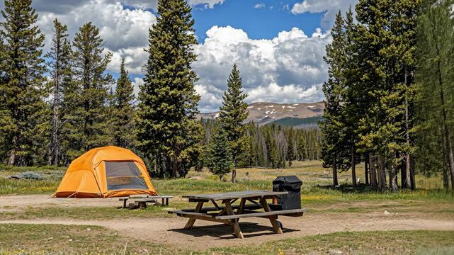 Camping spot with orange tent and picnic table in a scenic forested area on a sunny day