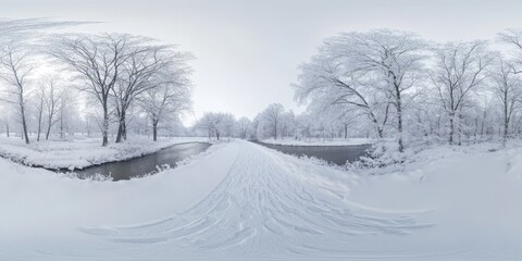 Obraz premium Winter seamless panorama offers a full 360 degree view of a snowy park road alongside a small river, featuring a gray pale sky. This winter panorama is perfect for VR and AR content.