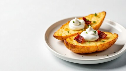 Delicious baked potato halves, topped with creamy sauce and crispy bacon bits, served on a simple white plate.