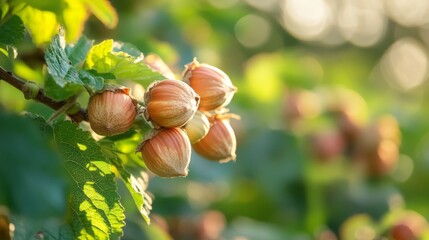 Hazelnuts growing on trees in a garden setting, captured with a shallow depth of field, highlighting the beauty of hazelnuts in their natural environment and drawing attention to their rich detail.