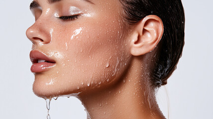 Naklejka premium close-up portrait of an attractive woman with clear, healthy skin and water dripping on her face after shower again white background