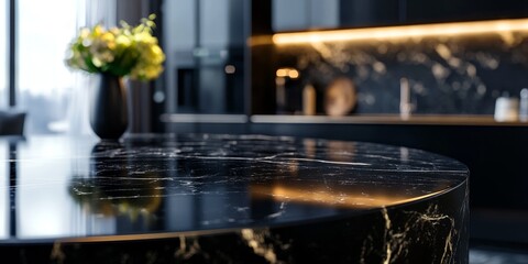 A luxurious black marble tabletop stands out prominently, set against a softly blurred kitchen cabinet background that adds a touch of elegance to the scene.