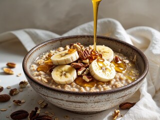 Oatmeal Bowl with Bananas and Nuts Drizzled with Honey