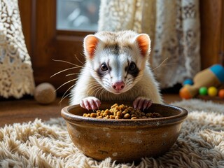 Curious Ferret Closely Inspecting Food Bowl in Cozy Home Setting