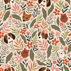 Cute dogs and beautiful flowers seamless pattern. Breeds of dog pattern design in hand-drawn style.
Vector animal print on turquoise background 