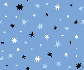 Confetti abstract vector seamless pattern. Hand-drawn stars repeated background for holidays. Christmas or birthday print on blue background.