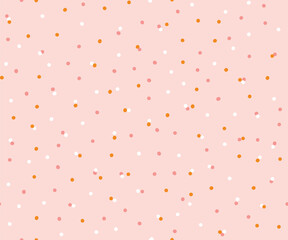 Confetti abstract vector seamless pattern. Hand-drawn geometrical  repeated background for holidays. Christmas or birthday polka dots print in pink and orange colors.
