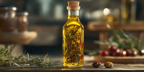 Olive oil infused with spices and aromatic herbs, complemented by olives, creates a delightful mix. This olive oil with spices and olives offers a unique flavor profile for culinary enthusiasts.