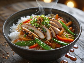 Warm Noodle Bowl with Grilled Chicken and Vegetables