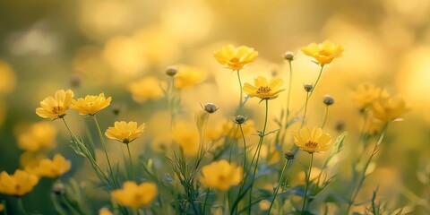 Fototapeta premium Closeup of small grassland flowers against a backdrop of blurred yellow flowers in a sunny garden, capturing the delicate beauty of grassland flowers amidst a radiant environment.