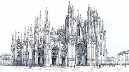 Obraz premium A detailed line drawing of a majestic Gothic cathedral, showcasing intricate architectural features and towering spires.
