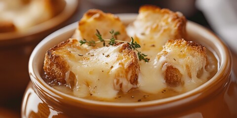 Delicious classic French onion soup topped with cheese croutons and garnished with fresh thyme, presented in a close up view that highlights the rich textures of classic French onion soup.