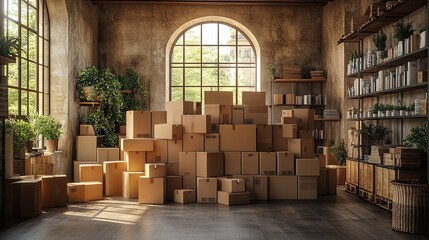 Cardboard boxes stacked in a room represent apartment moving, order delivery, goods storage, packaging, office building logistics, and courier services.