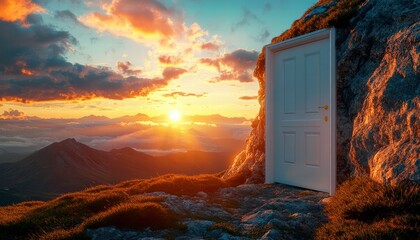 Enchanting doorway framed by vibrant colors at sunset, accentuating the surreal blend of nature and opportunity, evoking feelings of dreams and exploration in untouched landscapes.