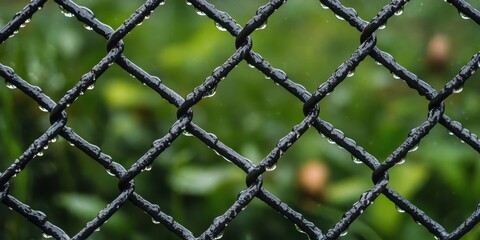 Naklejka premium A chain link fence glistens with droplets after the rain, showcasing the beauty of a chain link fence in a fresh, wet environment. Perfect for illustrating the charm of chain link fences in nature.