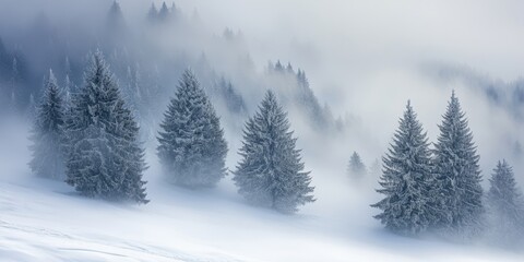 Fototapeta premium Alpine Winter Landscape Trees Blanketed in Snow with a Misty Fog Enveloping the Scene