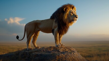 A majestic lion stands on a rock, gazing into the distance as the sun sets over a vast savanna landscape.