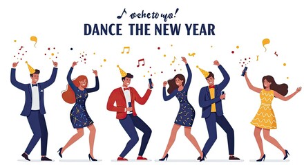 Exciting Illustration of People Dancing and Celebrating Music at a New Year’s Party