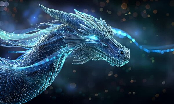 Glowing blue dragon head and body, sparkling particles background.